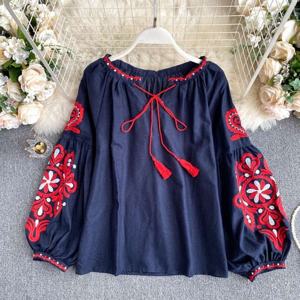 Women Retro Blouse Embroidered Lace-Up Tassel V-Neck Lantern Sleeve Tops