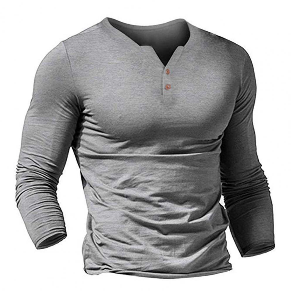 Men Long Sleeve V Neck Button Placket Slim Solid Color Soft Casual Henley Shirt