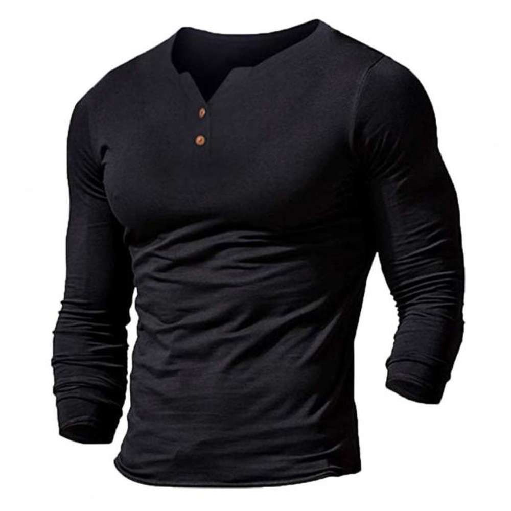 Men Long Sleeve V Neck Button Placket Slim Solid Color Soft Casual Henley Shirt