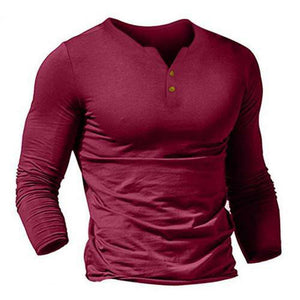 Men Long Sleeve V Neck Button Placket Slim Solid Color Soft Casual Henley Shirt