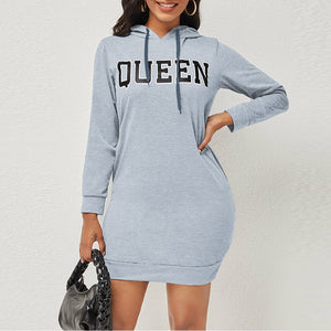 Women Queen Letter Printed Long Sleeve Short Hoodie Pullover Sportswear Dresses