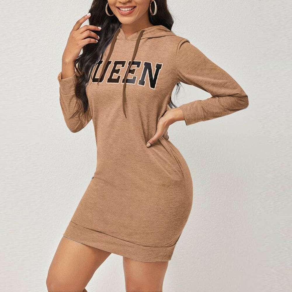 Women Queen Letter Printed Long Sleeve Short Hoodie Pullover Sportswear Dresses