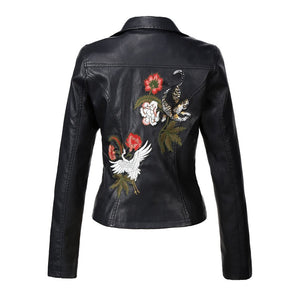 Women Flowers Embroidery Pu Leather Jacket Rivet Zipper Black Biker Coat