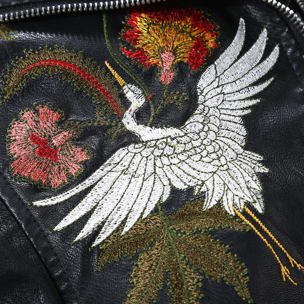 Women Flowers Embroidery Pu Leather Jacket Rivet Zipper Black Biker Coat