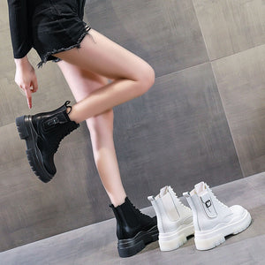 Women Genuine Leather Boots Platform Ankle Lace Up Motorcycle Breathable Boots Shoes