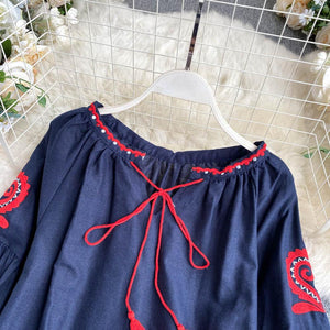 Women Retro Blouse Embroidered Lace-Up Tassel V-Neck Lantern Sleeve Tops