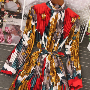 Women Temperament Turtleneck Waist Slim Lace Up Wild Floral Maxi Vestidos Dress