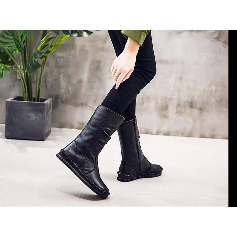 Women Handmade Retro Flat Boots Genuine Leather Boots