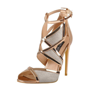 Women Peep Toe High Heel Glitter Cut Out Ankle Strap Sandals