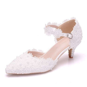 Women Handmade White Lace High Heels Pumps Shoes
