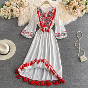 Women Retro Embroidery Tassel Lace Cotton Linen Vestidos V-neck Puff Sleeve Dress
