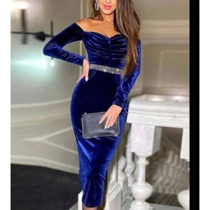 Women Long Sleeve Diamonds Midi Elegant Party Velvet Dress