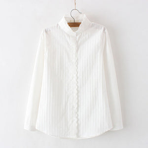 Women Cotton Lace White Shirts Ruffle Slim Soft Blouse