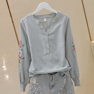 Women Cotton Slim Embroidery Casual Shirt