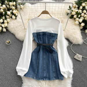 Women Denim Dress Belted Sweatshirt Mini Dress