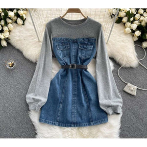 Women Denim Dress Belted Sweatshirt Mini Dress