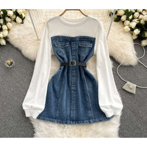 Women Denim Dress Belted Sweatshirt Mini Dress