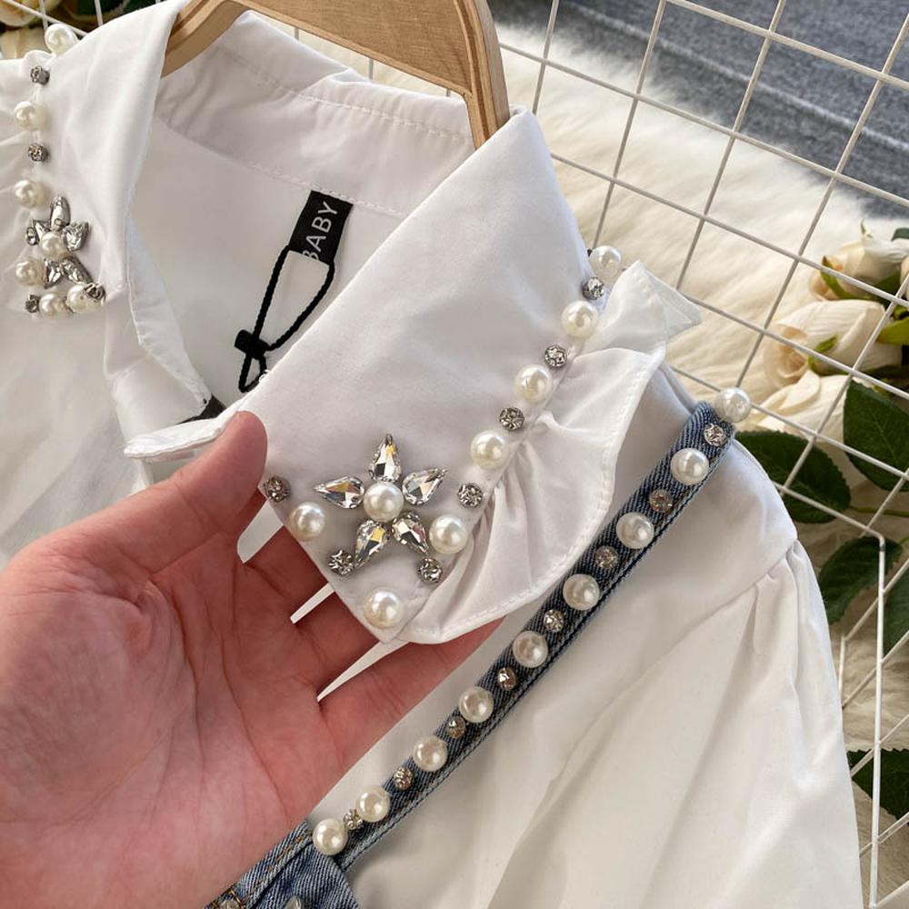 Women Diamond Beaded Long Puff Sleeve Lace Up Shirt Denim Sling Vest 2 Piece Set
