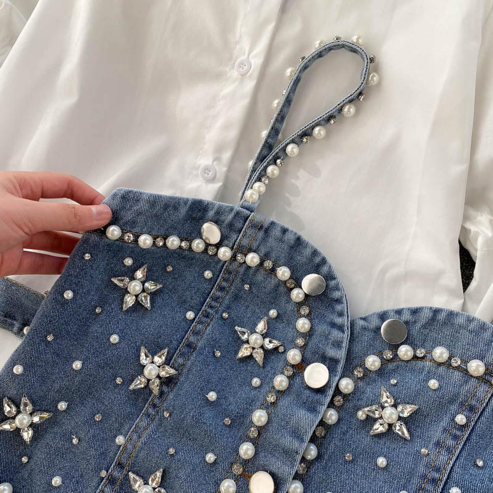 Women Diamond Beaded Long Puff Sleeve Lace Up Shirt Denim Sling Vest 2 Piece Set