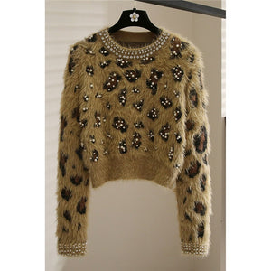 Women Leopard Print  Loose Round Neck Sweater