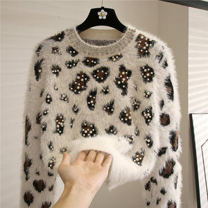 Women Leopard Print  Loose Round Neck Sweater