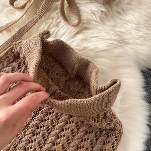 Women Bikini Tie Halter Top Hollow Knitted Wide Leg Pants