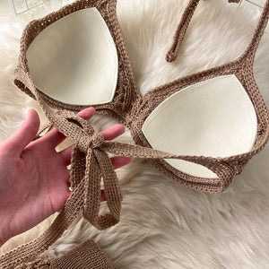 Women Bikini Tie Halter Top Hollow Knitted Wide Leg Pants