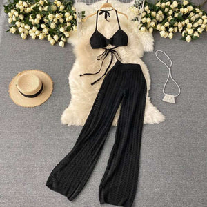 Women Bikini Tie Halter Top Hollow Knitted Wide Leg Pants
