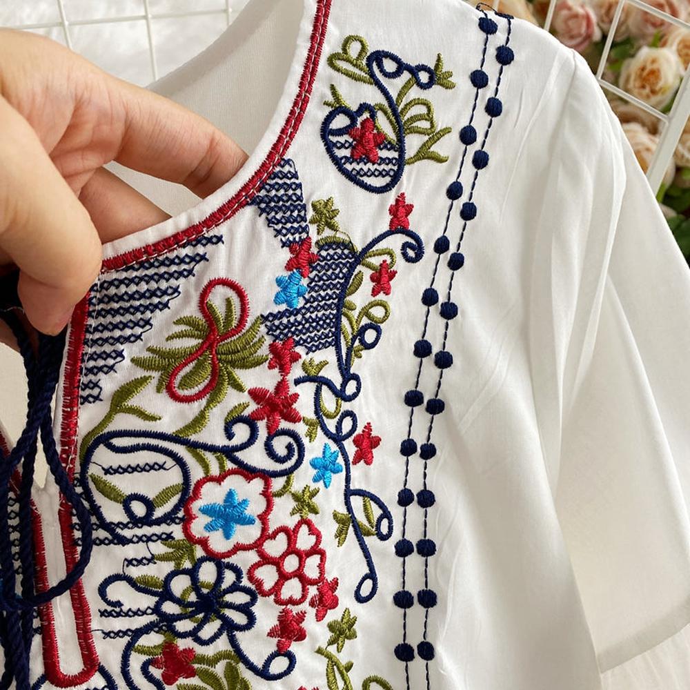 Women Retro Ethnic Embroidery Vestidos Puff Sleeve Temperament Midi Dress