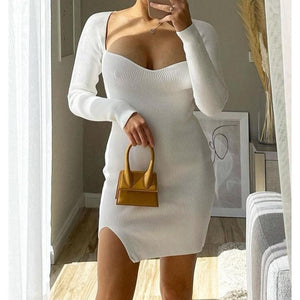 Women Elegant Square Neck Ribbed Knitted Dresses