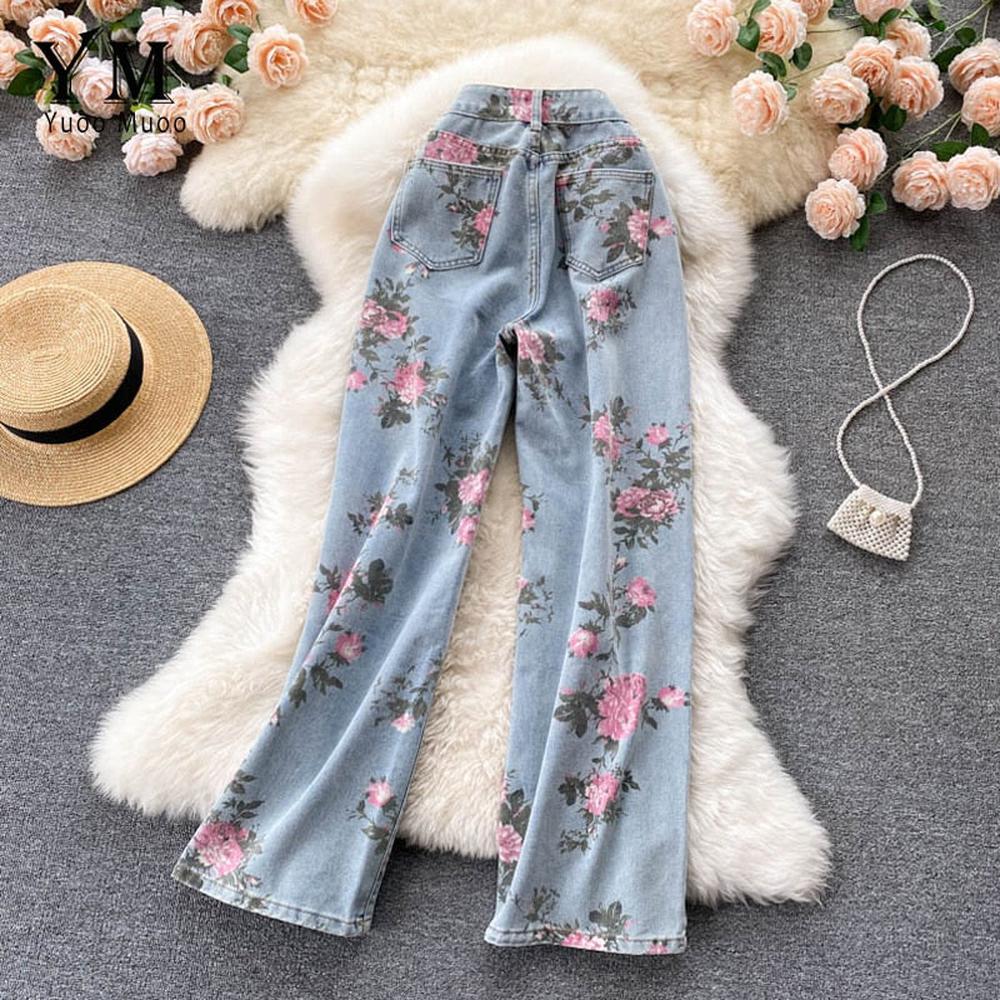 Women Rose Flower Print Blue Jeans Long Denim Trousers