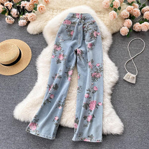 Women Rose Flower Print Blue Jeans Long Denim Trousers