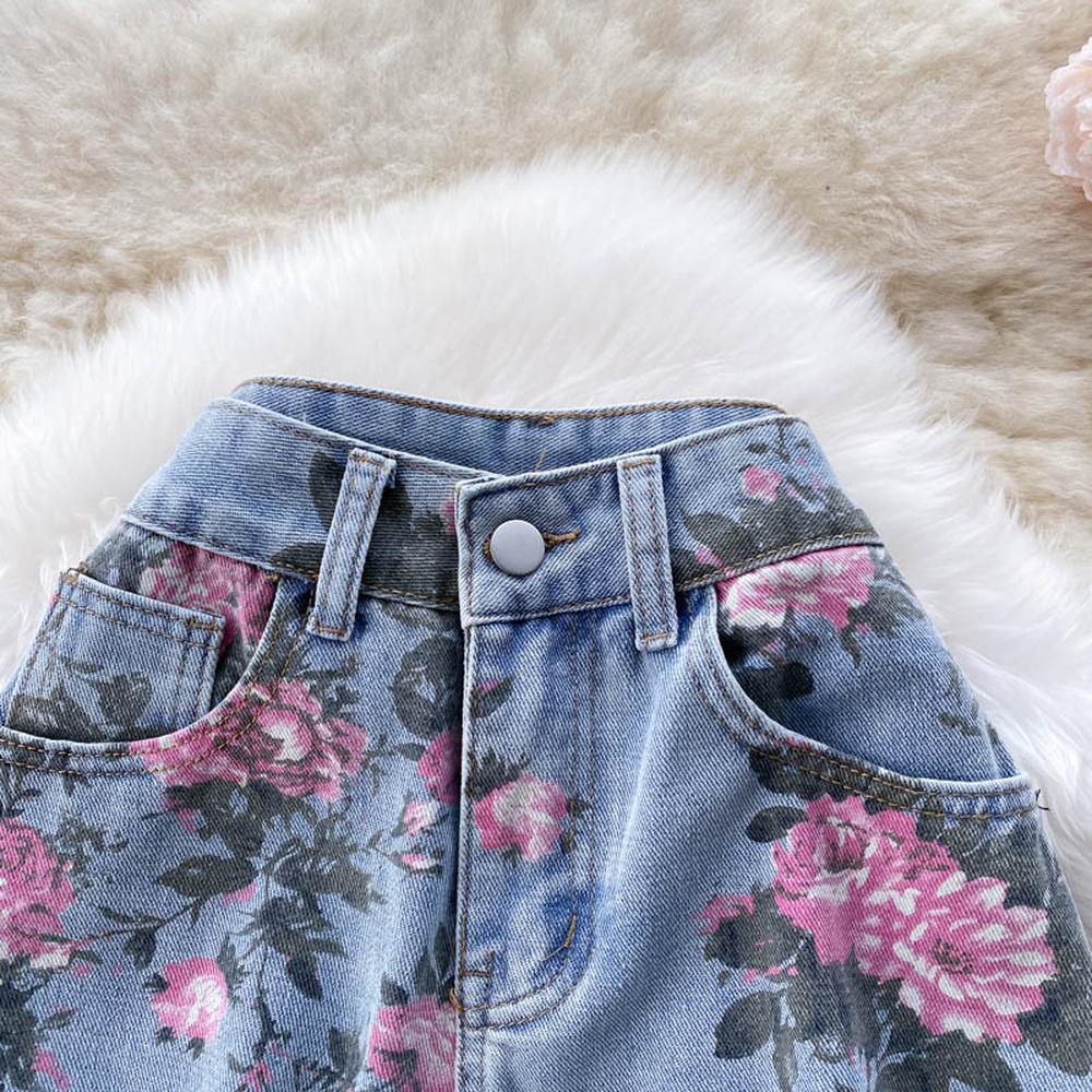Women Rose Flower Print Blue Jeans Long Denim Trousers