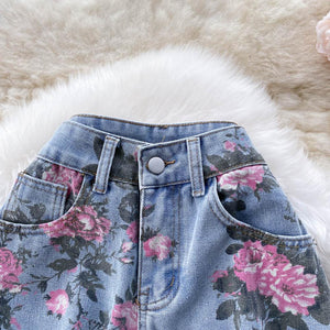 Women Rose Flower Print Blue Jeans Long Denim Trousers