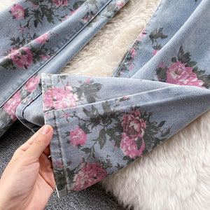 Women Rose Flower Print Blue Jeans Long Denim Trousers