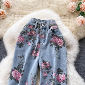 Women Rose Flower Print Blue Jeans Long Denim Trousers