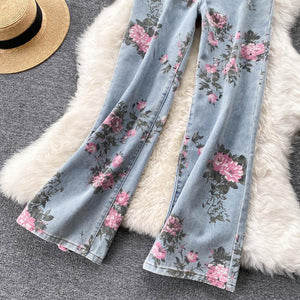 Women Rose Flower Print Blue Jeans Long Denim Trousers