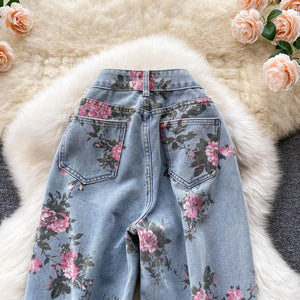 Women Rose Flower Print Blue Jeans Long Denim Trousers