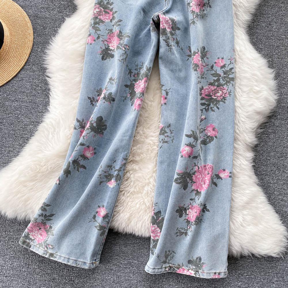 Women Rose Flower Print Blue Jeans Long Denim Trousers