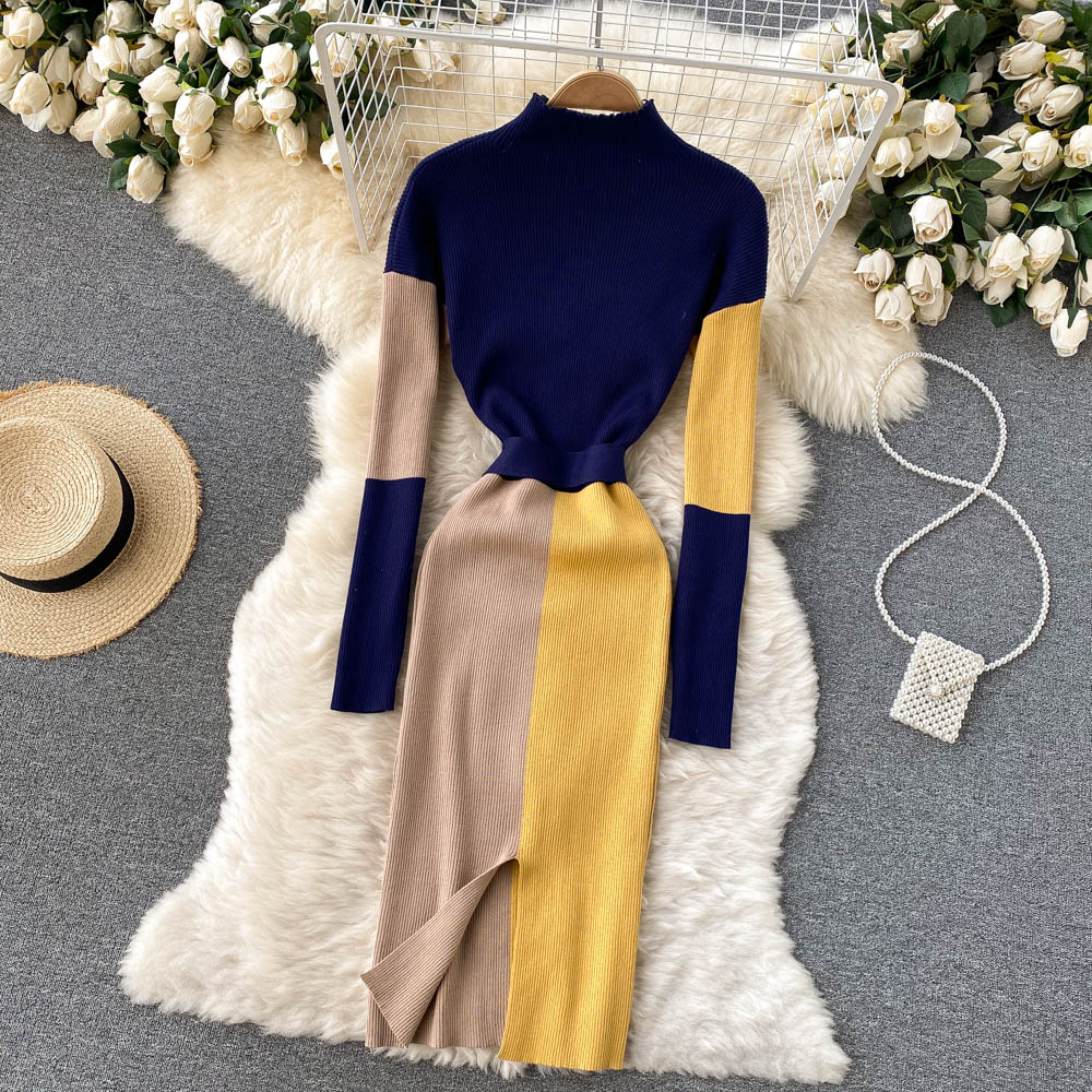 Women Knitted Sweater Elegant Split Bodycon Pencil Dress