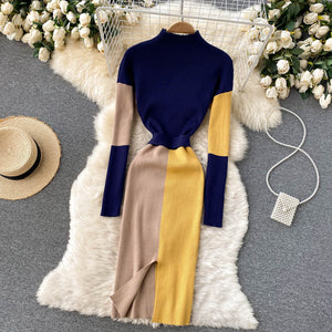Women Knitted Sweater Elegant Split Bodycon Pencil Dress