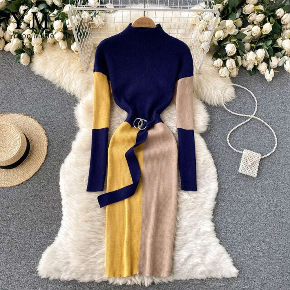Women Knitted Sweater Elegant Split Bodycon Pencil Dress