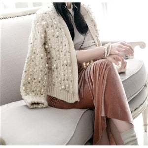 Women Pearl Rhinestone Beads Thick Cardigan Sweater