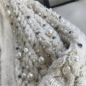 Women Pearl Rhinestone Beads Thick Cardigan Sweater