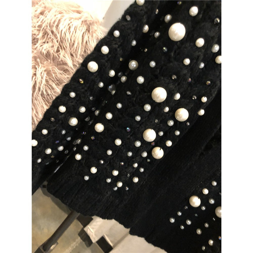 Women Pearl Rhinestone Beads Thick Cardigan Sweater