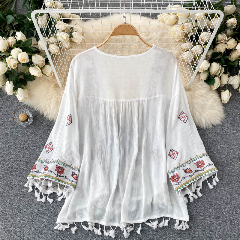 Women Bohemian Embroidered Tassel Chiffon Cardigan