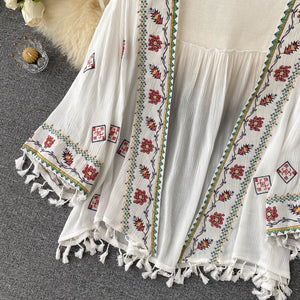 Women Bohemian Embroidered Tassel Chiffon Cardigan