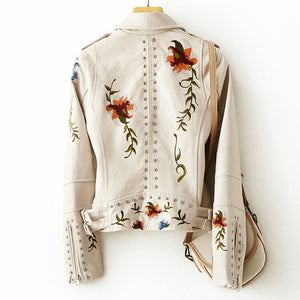 Women Retro Floral Print Embroidery Faux Soft Leather Jacket