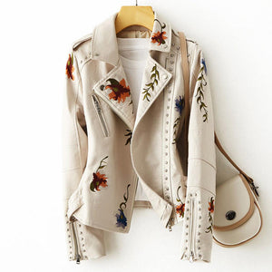 Women Retro Floral Print Embroidery Faux Soft Leather Jacket