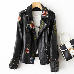 Women Retro Floral Print Embroidery Faux Soft Leather Jacket